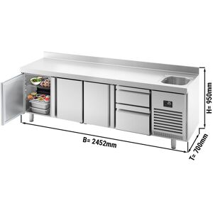 GGM Gastro - Table refrigeree PREMIUM PLUS - 2452x700mm - avec 1 bac, 3 portes, 2 tiroirs & rebord Argent