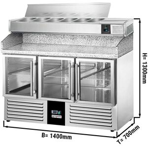 GGM Gastro - Table refrigeree pour pizza PREMIUM - 1400x700mm - 3 portes vitrees - Vitrine refrigeree incluse - 6x GN 1/4 Argent