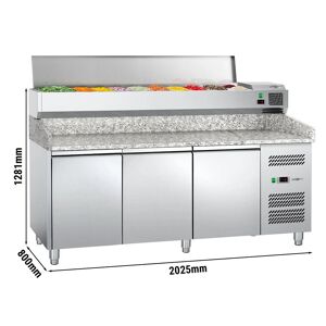 GGM Gastro - Table refrigeree pour pizzas ECO - 2000x800mm - avec 3 portes - Vitrine refrigeree incluse - 10x GN 1/4