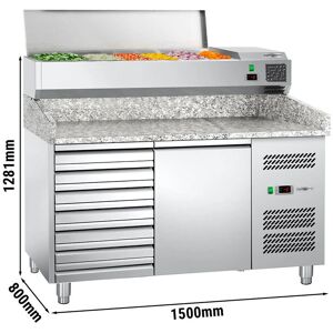 GGM Gastro - Table refrigeree pour pizza ECO - 1500x800mm - avec 1 porte & 7 tiroirs - Vitrine refrigeree incluse - 6x GN 1/3 Argent