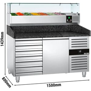 GGM Gastro - Table refrigeree pour pizza PREMIUM - 1500x800mm - avec 1 porte & 7 tiroirs - Vitrine refrigeree incluse - 7x GN 1/4 Argent