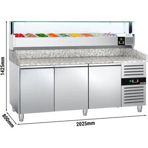 GGM Gastro - Table refrigeree pour pizza PREMIUM - 2000x800mm - avec 3 portes - incl. vitrine refrigeree LED - 9x GN 1/3 Argent