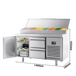 GGM Gastro - Table refrigeree de preparation - 1468x700mm - avec 1 porte & 2 tiroirs - Rehausse inox 1x GN 1/2 & 6x GN 1/3 Argent