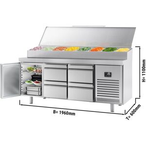 GGM Gastro - Table refrigeree de preparation - 1960x600mm - avec 1 porte & 4 tiroirs - Rehausse inox 11x GN 1/4 Argent