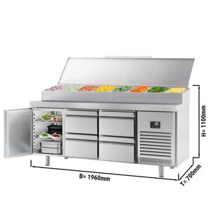 GGM Gastro - Table refrigeree de preparation - 1960x700mm - avec 1 porte & 4 tiroirs - Rehausse inox 9x GN 1/3 Argent