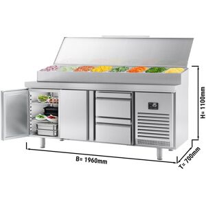 GGM Gastro - Table refrigeree de preparation - 1960x700mm - avec 2 portes & 2 tiroirs - Rehausse inox 9x GN 1/3 Argent