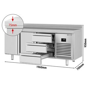 GGM GASTRO - Table réfrigérée PREMIUM PLUS - 1960x700mm - avec 2 portes & 3 tiroirs & avec rebord