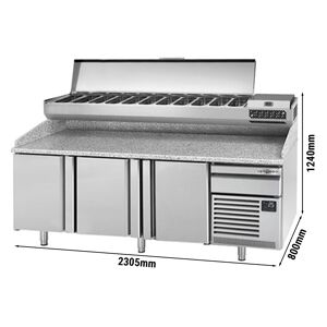 GGM GASTRO - Table réfrigérée pour pizza PREMIUM PLUS - 2305x800mm - avec 3 portes - Vitrine réfrigérée incluse - 11x GN 1/4