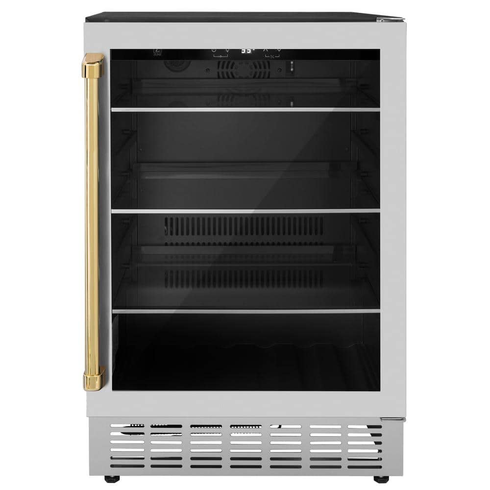 ZLINE Kitchen and Bath Monument Autograph Edition 24 in. Single Zone 154-Can Beverage Fridge with Polished Gold Handle in Stainless Steel