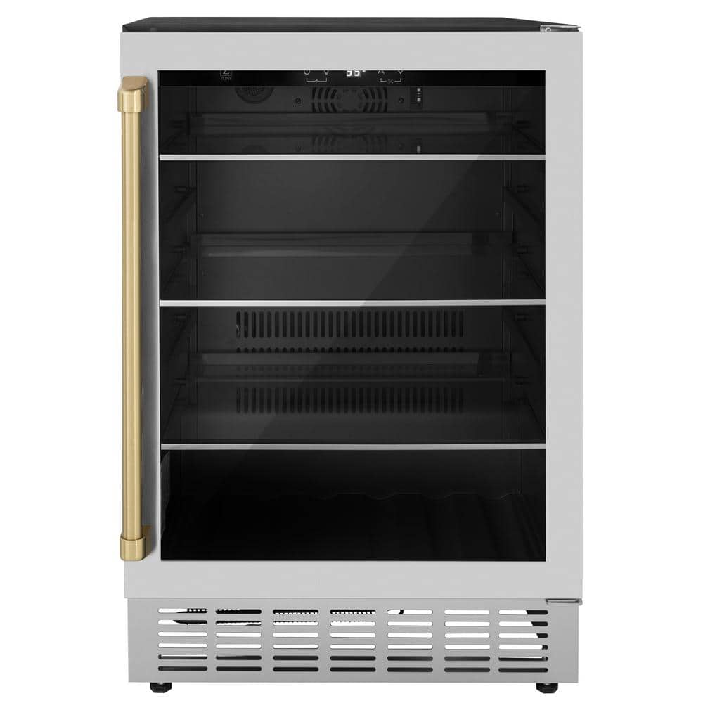 ZLINE Kitchen and Bath Monument Autograph Edition 24 in. Single Zone 154-Can Beverage Fridge with Champagne Bronze Handle in Stainless Steel