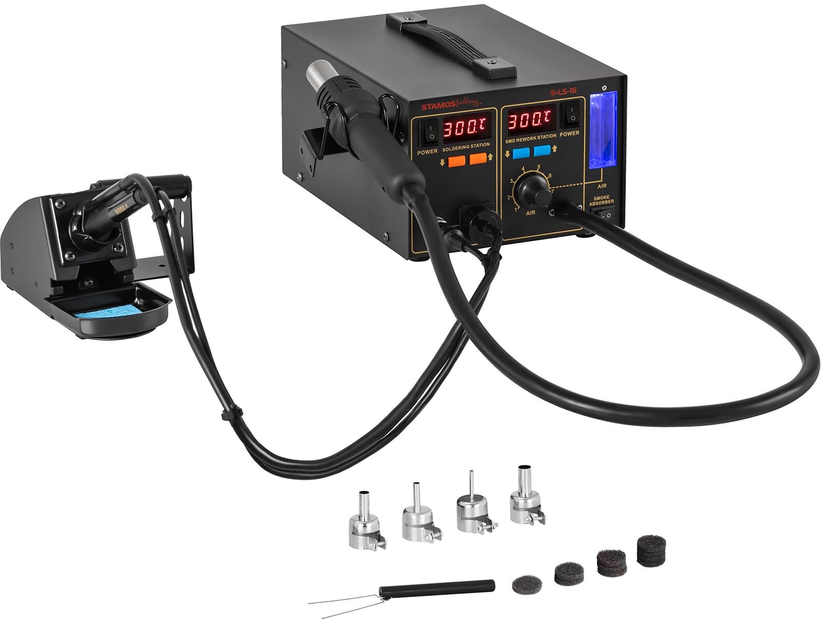 Notice d'utilisation, manuel d'utilisation et mode d'emploi Stamos Soldering Station de soudage avec aspiration de fumée - 2 écrans - 720 watts - Basic S-LS-16 BASIC   