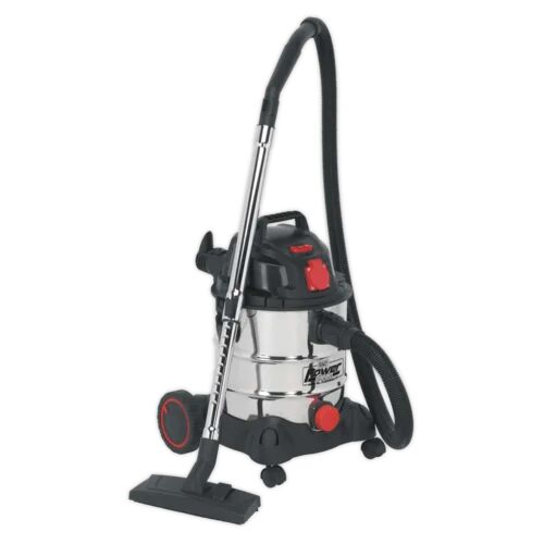 Sealey Stainless Bagless Cylinder Vacuum Cleaner with Auto Start Sealey  - Size: 30cm H X 51cm W X 22cm D