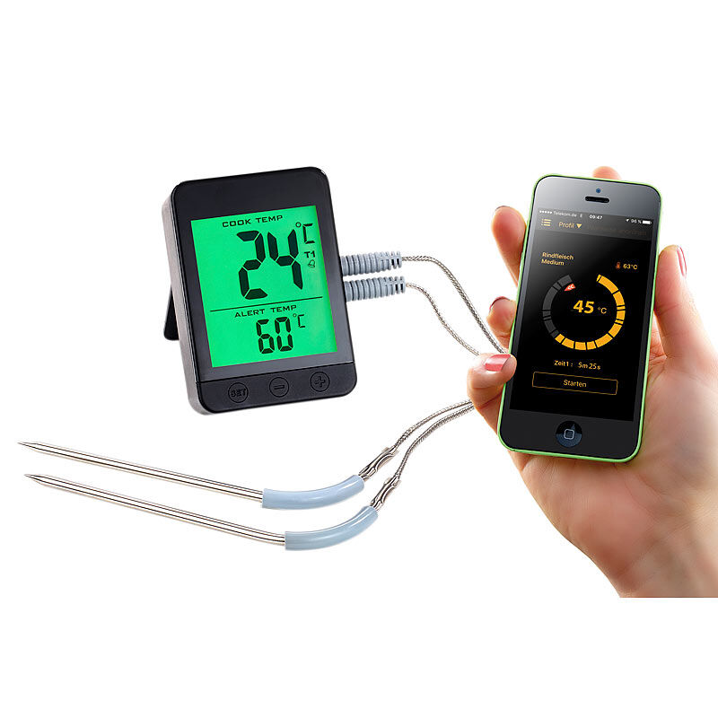 Rosenstein & Söhne Grillthermometer m. Bluetooth, Android- & iOS-App, 2 Temperatur-Fühler