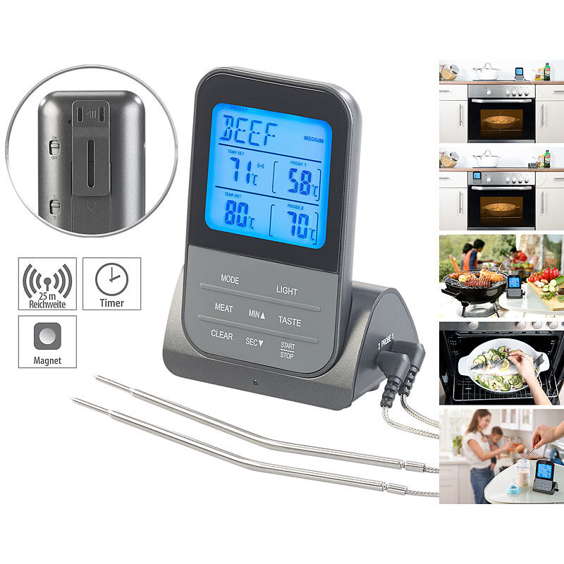 Rosenstein & Söhne Funk-Braten- & Ofenthermometer mit 2 Fühlern & XL-Display, bis 250 °C