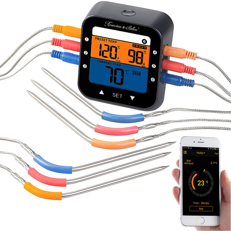 Rosenstein & Söhne Profi-Grillthermometer mit Bluetooth und App, Farb-Display, 6 Fühler