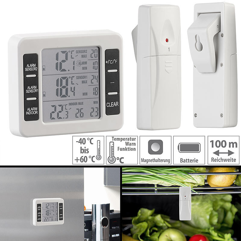 Rosenstein & Söhne Digitales Funk-Kühl- & Gefrierschrank-Thermometer mit Raumthermometer