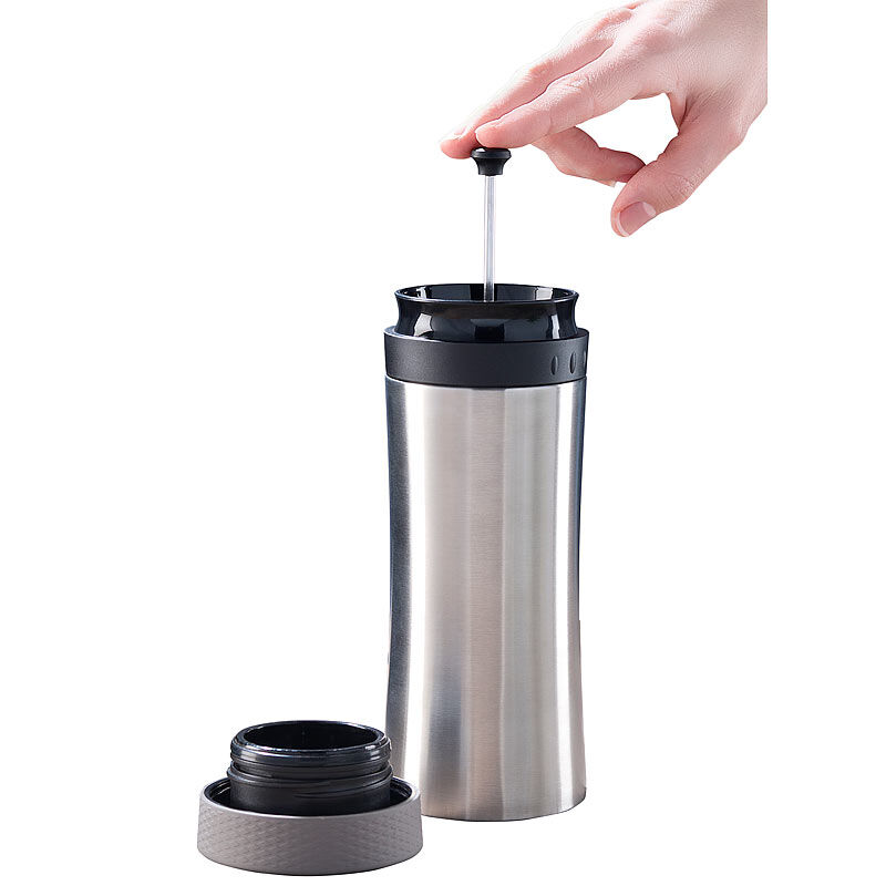 Rosenstein & Söhne 2in1-Edelstahl-Thermobecher mit French-Press-System, 0,48 l, BPA-frei