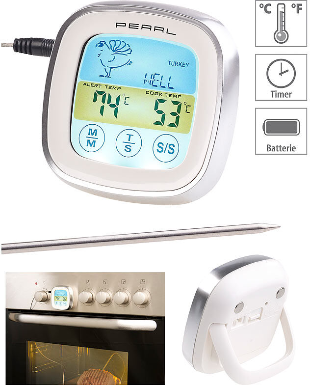 Rosenstein & Söhne Digitales Braten- & Ofenthermometer, Touch-Display, Timer, bis +250 °C