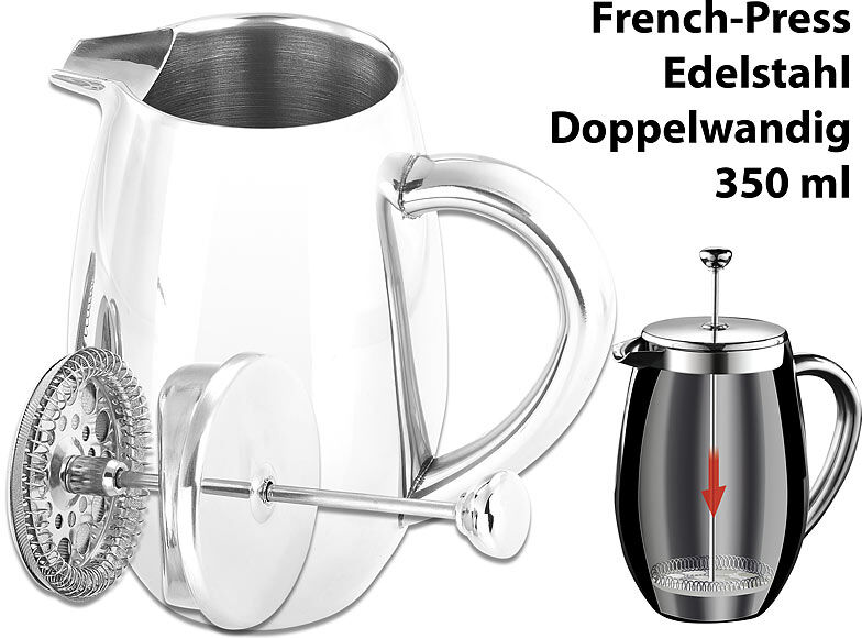 Rosenstein & Söhne Thermo-Kaffeebereiter, French-Press, Edelstahl, doppelwandig, 350 ml