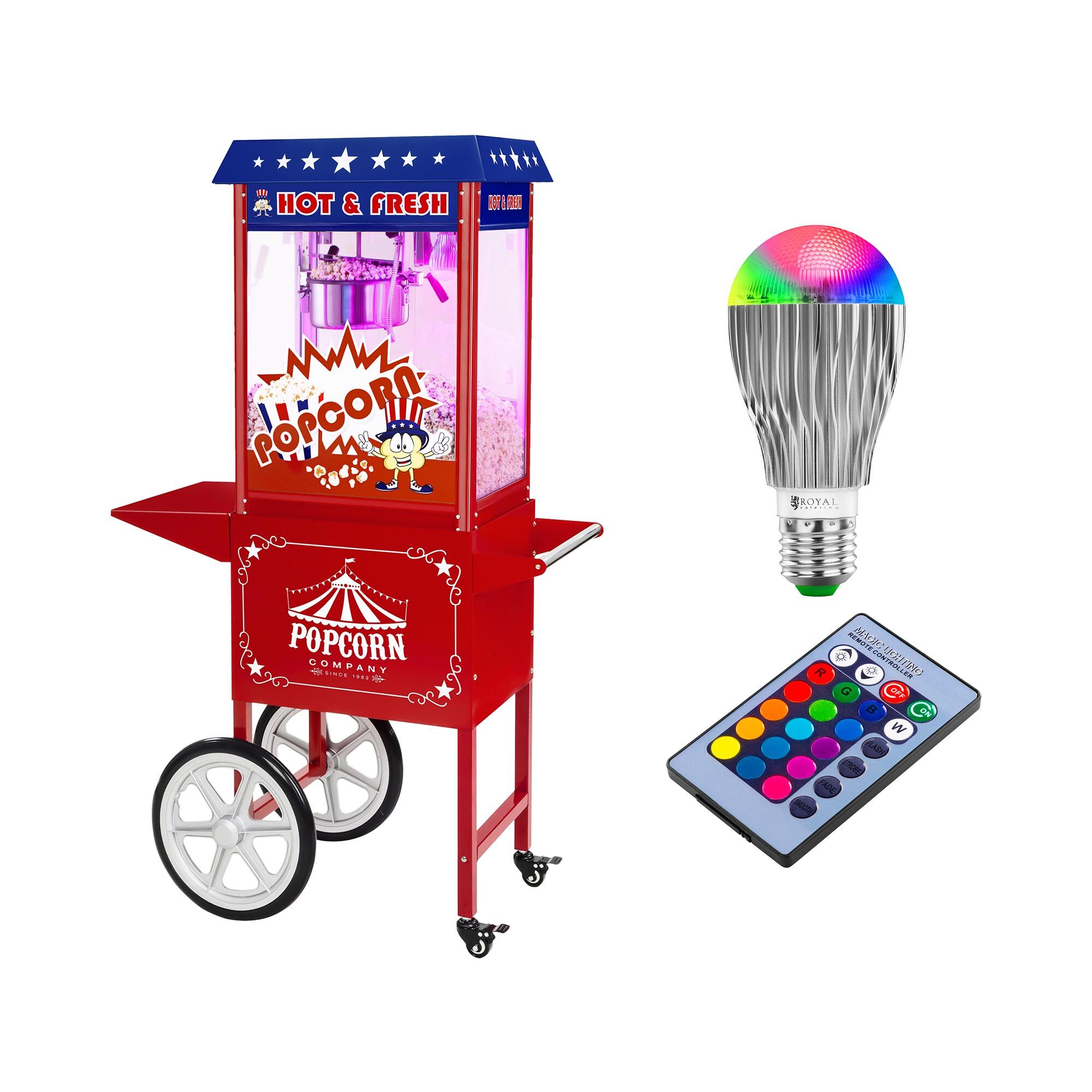 Royal Catering Stroj na popkorn s vozíkem a LED osvětlením - USA design - červený RCPW-16.1 Popcorn Machine LED Set