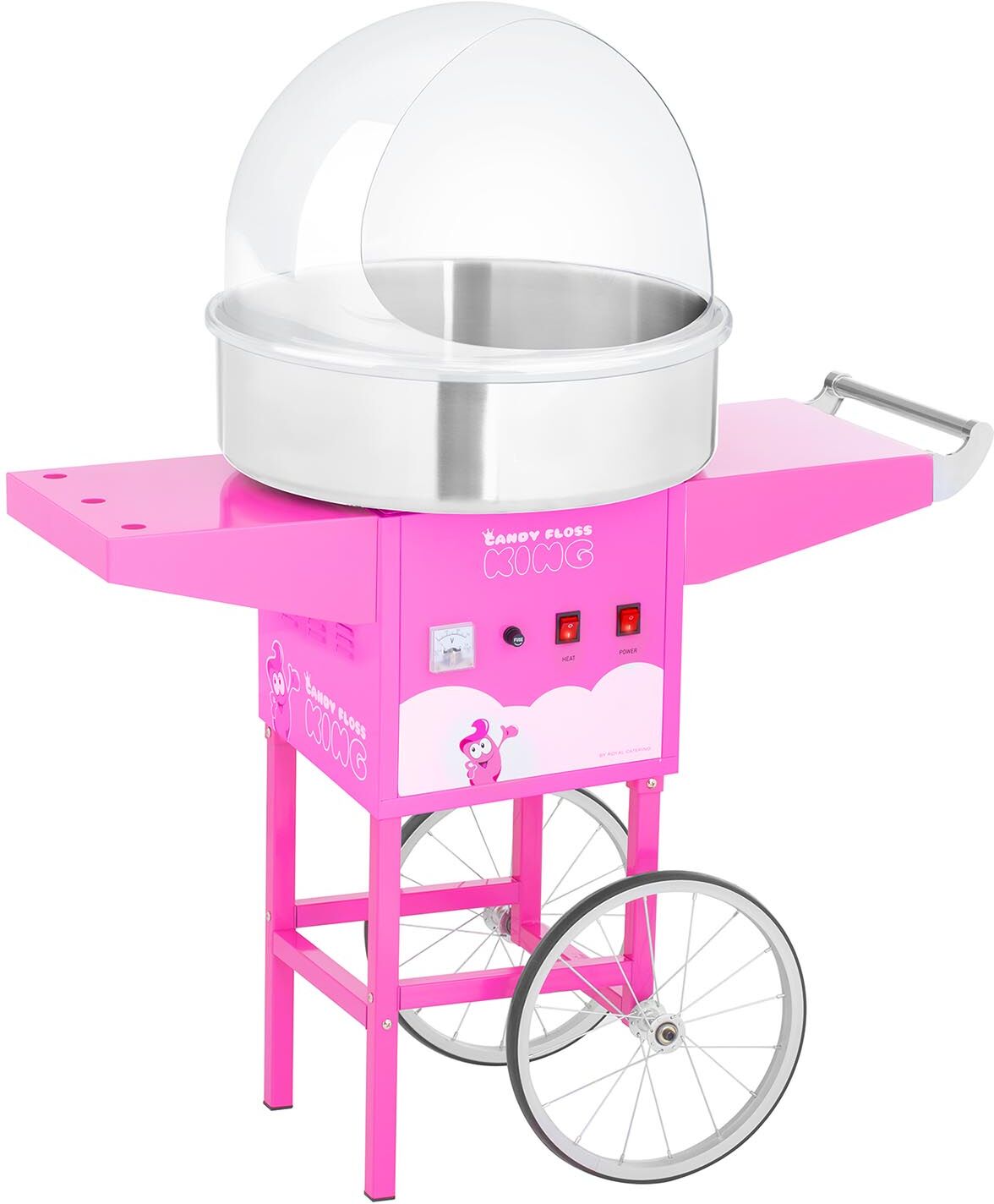 Royal Catering Candyfloss-maskine - sæt inkl. vogn og beskyttelseskuppel - 52 cm - 1.200 W - pink