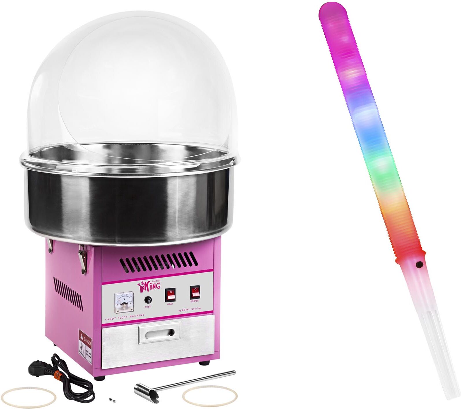 Royal Catering Candyfloss-maskine - sæt inkl. 50 stk. candyfloss-pinde LED og beskyttelseskuppel 52 cm - 1.200 W