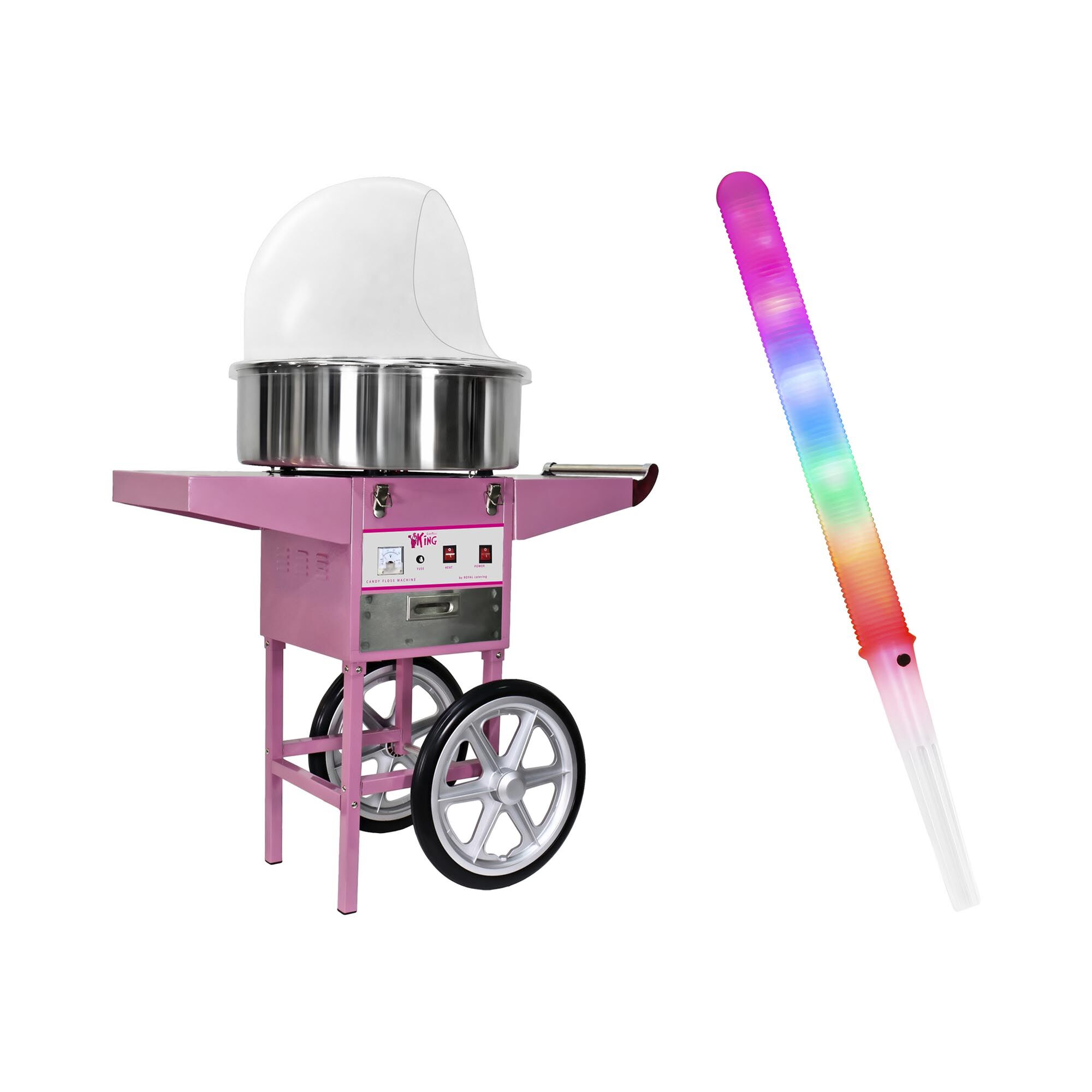 Royal Catering Candyfloss-maskine - sæt inkl. 100 stk. candyfloss-pinde LED og beskyttelseskuppel 52 cm - 1.200 W