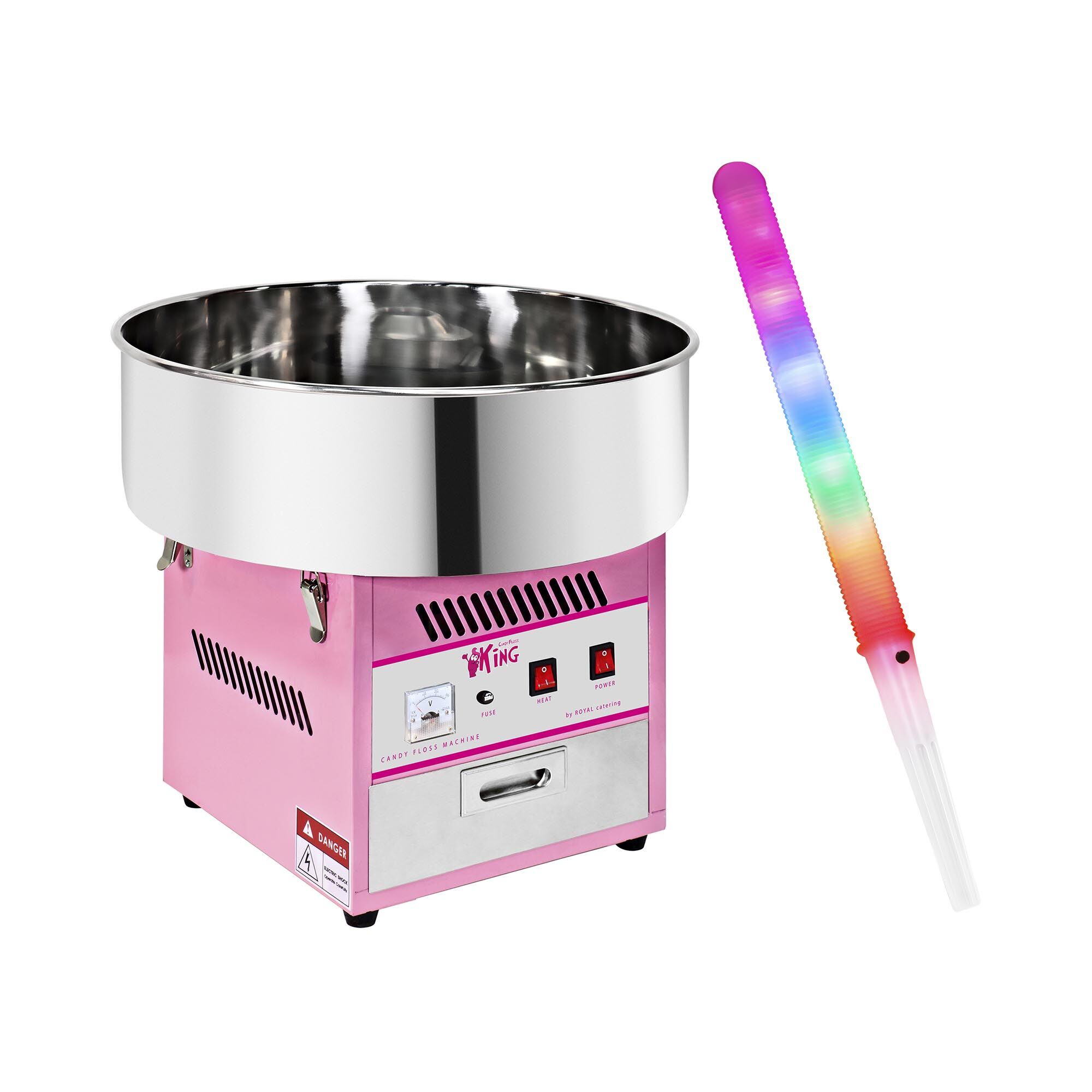Royal Catering Candyfloss-maskine - sæt inkl. 50 stk. candyfloss-pinde LED - 52 cm - 1.200 W