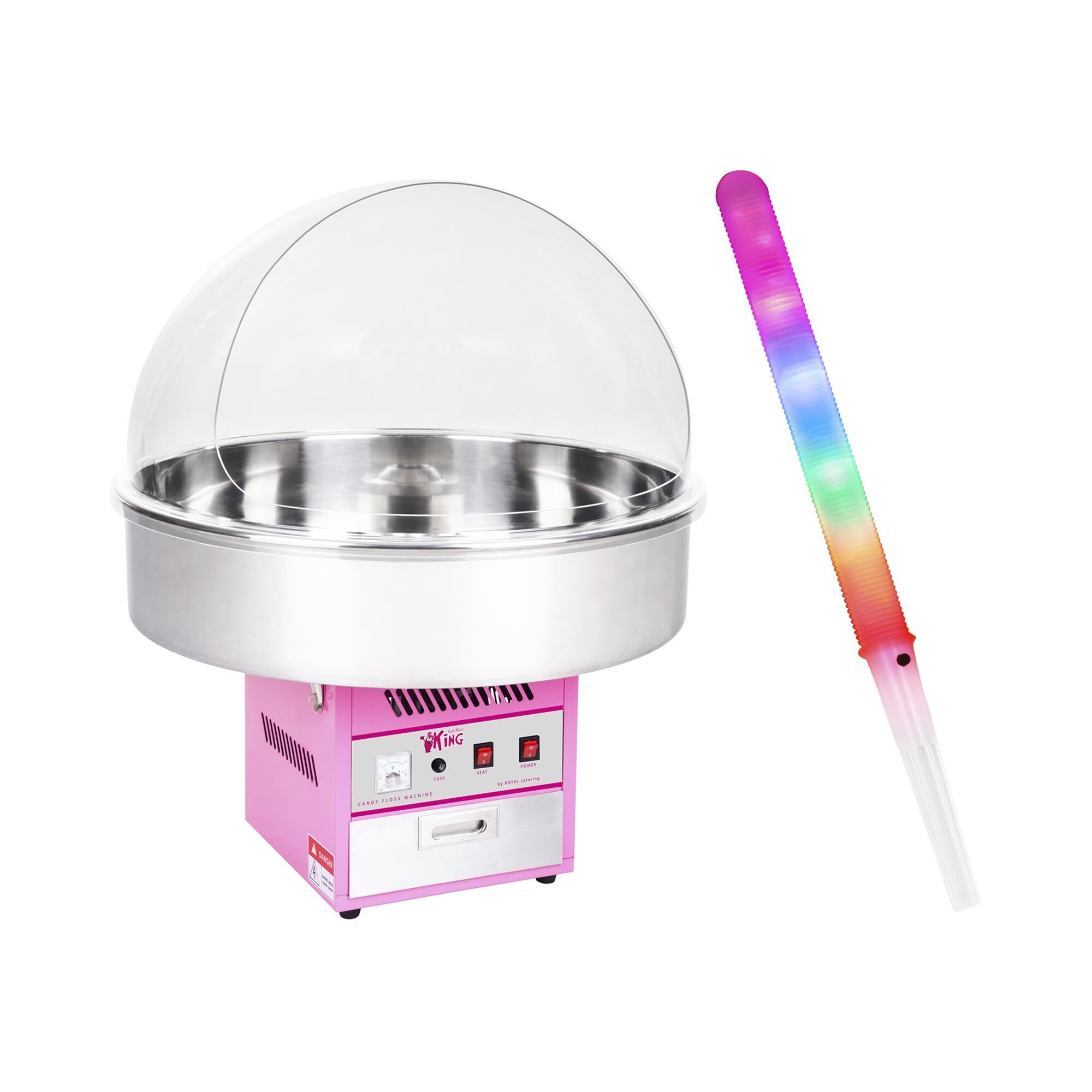 Royal Catering Candyfloss-maskine - sæt inkl. 50 stk. candyfloss-pinde LED - 72 cm - 1.200 W