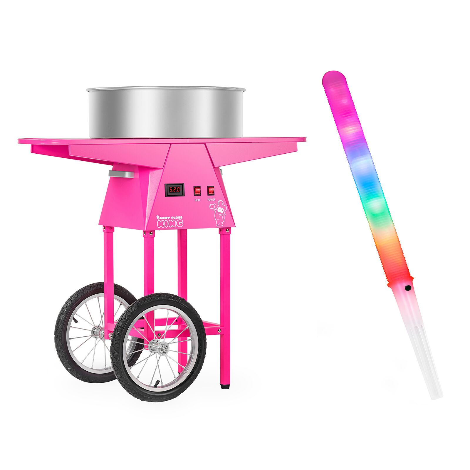 Royal Catering Candyfloss-maskine - sæt inkl. candyfloss-pinde LED og vogn 52 cm - 1.030 W