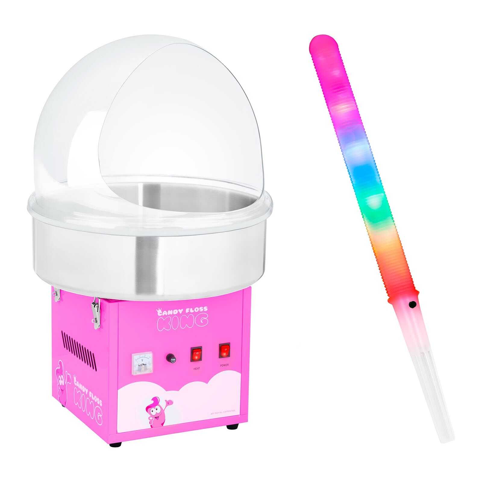 Royal Catering Candyfloss-maskine - sæt inkl. candyfloss-pinde LED og beskyttelseskuppel - 52 cm - 1.200 W - lyserød