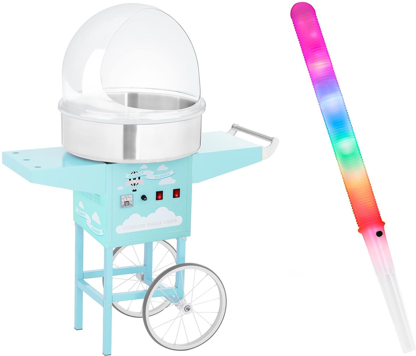 Royal Catering Candyfloss-maskine - sæt inkl. candyfloss-pinde LED, beskyttelseskuppel og vogn - 52 cm - 1.200 W - turkis