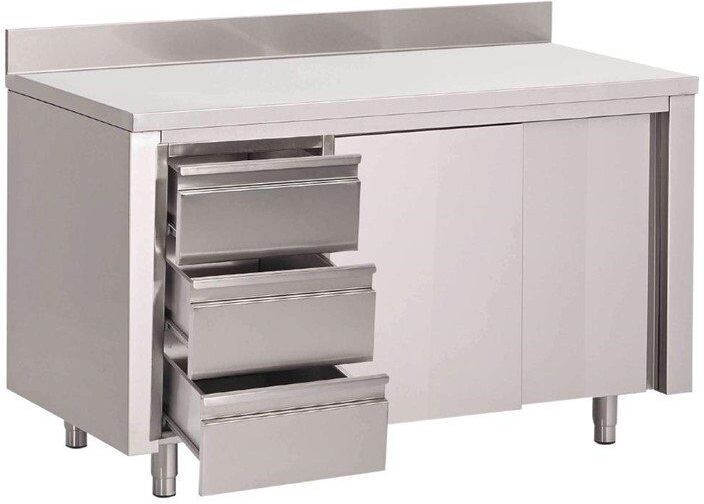 Gastro M RVS werktafel met 3 laden, schuifdeuren en achteropstand 85x100x70cm