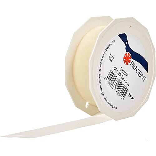 Präsent Organzaband Sheer crème 25 mm x 25 m op rol, cadeaulint Sheer crème, lint bruiloft crème, lint bruiloft organza crème, organza room, 25 mm crème