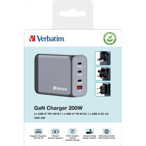 Verbatim Ladeadapter, Universal, GNC-200, GaN, 200W, grau 1x USB-A QC, 3x USB-C PD, Retail