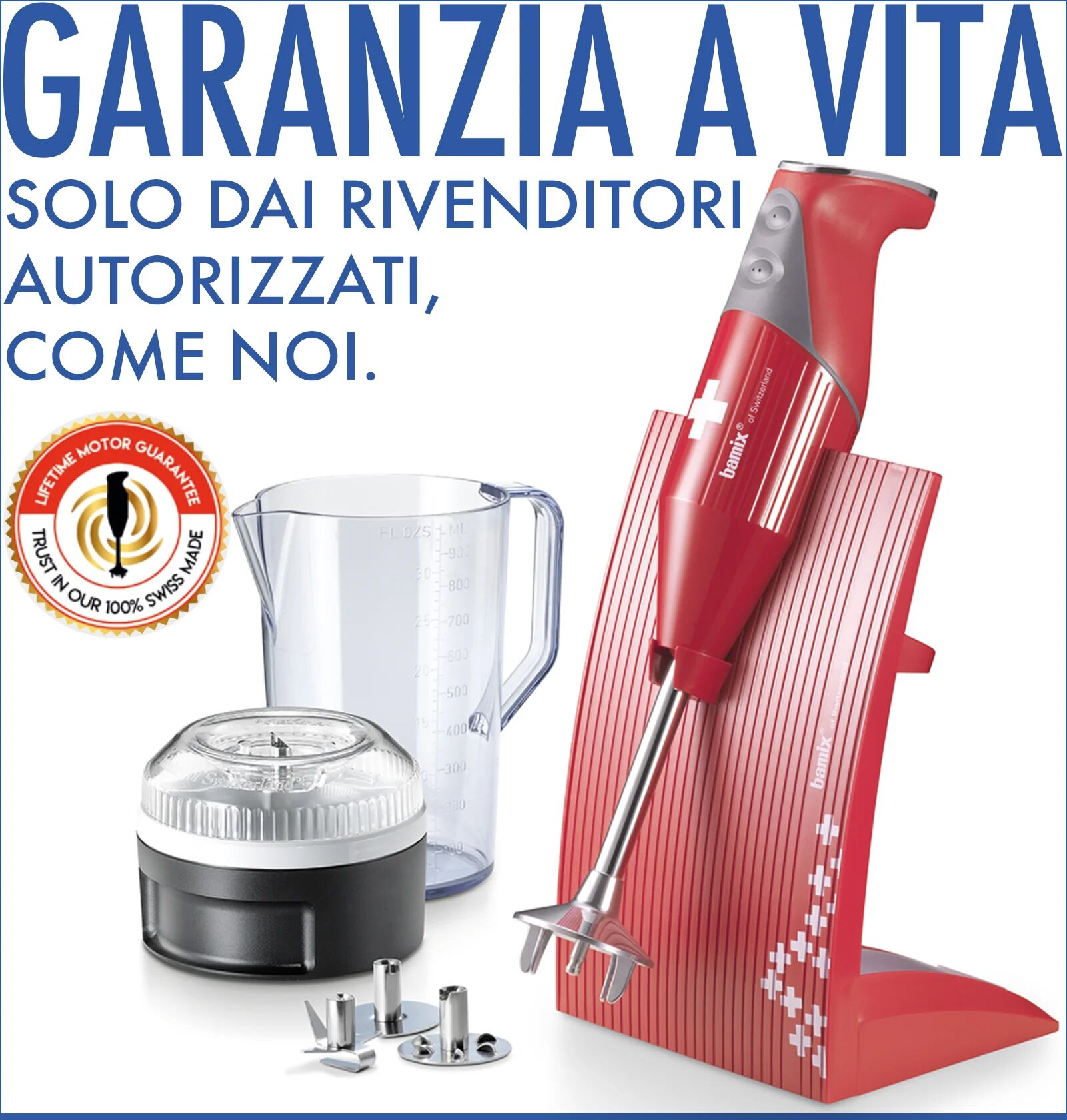 Ⓜ️🔵🔵🔵 bamix SwissLine rosso con croce BX SL RD - Kit completo di mixer con supporto da