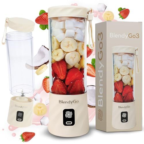 BlendyGo 3® Blender, smoothiemaker, kleine smoothieblender, draagbare mini-blender, draagbare USB-mixer, Smoothie-Maker to go, keukenmixer 550 ml, BPA-vrij, PulseMotion- en BlendPro-techn. (Beige)