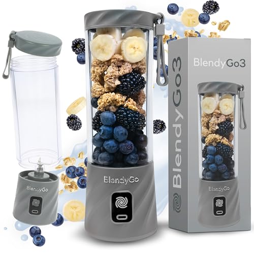 BlendyGo 3® Blender, smoothiemaker, kleine smoothieblender, draagbare mini-blender, draagbare USB-mixer, Smoothie-Maker to go, keukenmixer 550 ml, BPA-vrij, PulseMotion- en BlendPro-techn. (Grijs)