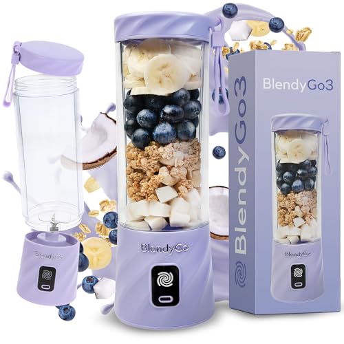 BlendyGo 3® Blender, smoothiemaker, kleine smoothieblender, draagbare mini-blender, draagbare USB-mixer, Smoothie-Maker to go, keukenmixer 550 ml, BPA-vrij, PulseMotion- en BlendPro-techn. (Lavendel)