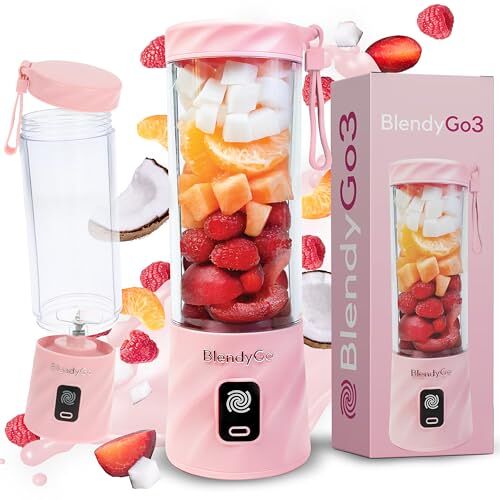 BlendyGo 3® Blender, smoothiemaker, kleine smoothieblender, draagbare mini-blender, draagbare USB-mixer, Smoothie-Maker to go, keukenmixer 550 ml, BPA-vrij, PulseMotion- en BlendPro-techn. (Roze)