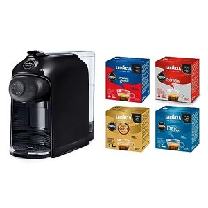 Lavazza , A Modo Mio Idola-Kaffeemaschine Schwarz mit 64 Kapseln A Modo Mio sortiert, kompakte und leise Espressomaschine, 1500 W, 220-240 V, 50/60 Hz, Fassungsvermögen max. 1,1 Liter Wasser