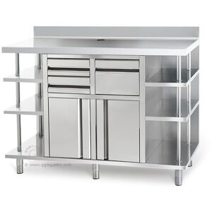 GGM Gastro - Meuble bas en inox pour machine a cafe 1,5 m - avec etagere a gauche et a droite Argent