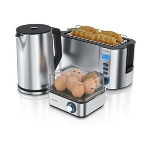 Arendo Frühstücks-Set, 8er Eierkocher EIGHTCOOK, Wasserkocher 1,5l, 4-Scheiben Toaster Langschlitz, Silber