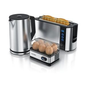 Arendo Frühstücksset 3-teilig, 2-Scheiben Toaster, 6er Eierkocher, Wasserkocher 1,5L, Silber