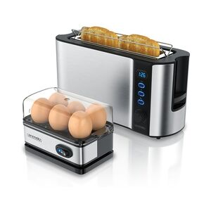 Arendo Frühstücks-Set, 6er Eierkocher + 2-Scheiben Langschlitz Toaster FRUKOST, Silber