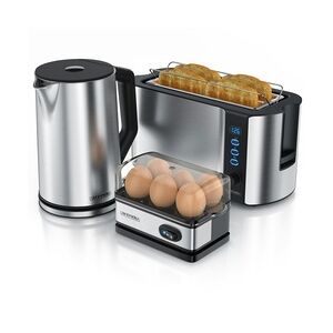 Arendo Frühstücksset, Wasserkocher 1,5 Liter + 6er Eierkocher + Langschlitztoaster für 4 Scheiben, Silber