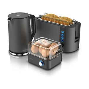 Arendo 3-teiliges Frühstücksset - Wasserkocher 1,5l, 4-Scheiben Toaster, 8er Eierkocher, Grau