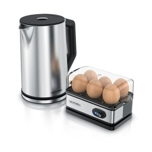 Arendo Frühstücks-Set, Wasserkocher 1,5 Liter, 6er Eierkocher, Silber