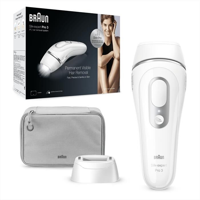 braun epilatore a luce pulsate silk expert pro 3 pl3020-bianco/argento