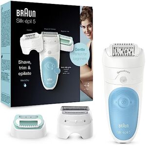 Braun Silk-épil 5 SensoSmart Epilator for Women For Hair Removal, Lady Shaver & Trimmer Head and Beginner Cap, Wet & Dry, 100% Waterproof, UK 2 Pin Plug, 5-610, White/ Blue